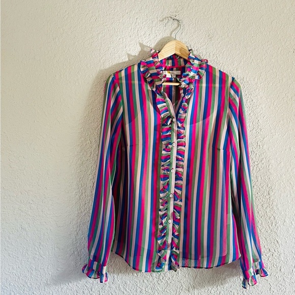 Boden Striped Ruffle Front Pink Green Blue Button Up Blouse - Picture 1 of 11